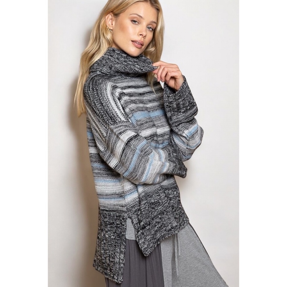 POL Heather Black Gray Blue Striped Relaxed Fit Turtleneck Sweater - Picture 4 of 8
